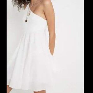 UO White Dahlia Asymmetrical Smocked Mini Dress S